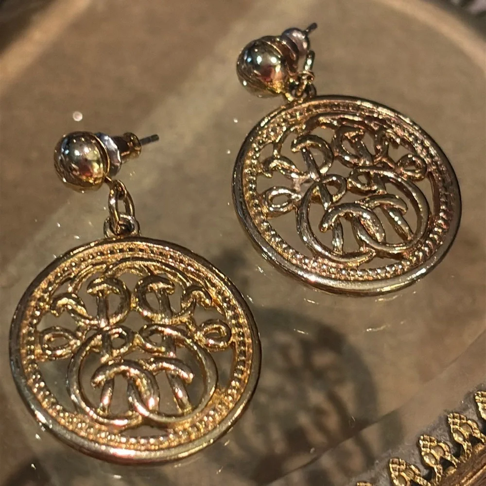 Scroll Design Post Dangle Earrings Gold Round